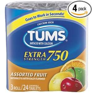 Tums Extra Strength 750, Assorted Fruit, 3   24 Tablet rolls per Pack 
