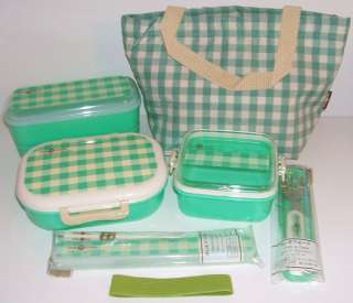 Green Plaid Bento Box Lunch Kit with 3 Bento Boxes  