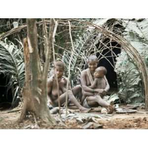  Pygmy Women and Children Outside Huts, Central African 
