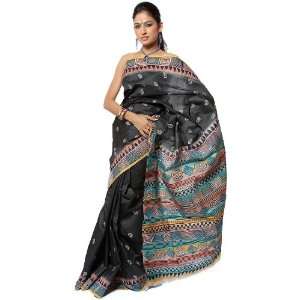 Black Printed Sari from Kolkata with Crewel Embroidered Paisleys All 