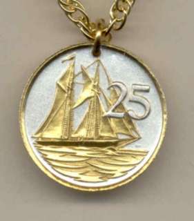 Gold & Silver Cayman Islands 25 cent Sail Boat Necklace  