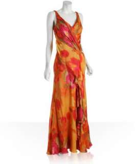 Carmen Marc Valvo mango silk floral chiffon print v neck dress 