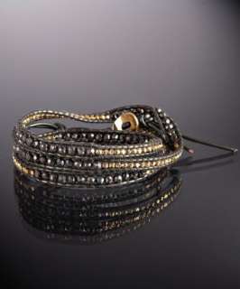 Chan Luu pyrite and gold vermeil beaded leather triple wrap bracelet 