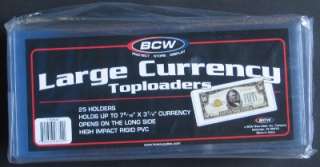 25 LARGE RIGID BCW CURRENCY SLEEVE BILL NOTE HOLDERS  