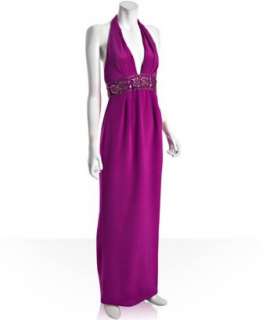 Notte by Marchesa lipstick silk embellished waist halter gown 