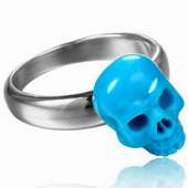 Turquoise Carved Skull Ring, Silver