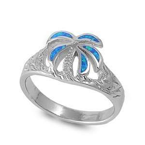 Sterling Silver Ring in Lab Opal   Palm Tree   Ring Face Height 12mm 