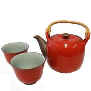  Japanese Tea Pot and Tea Cups Set in Orange   3 Pieces 