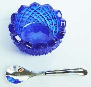 Cobalt Blue Glass Sawtooth Salt Dip Silver Spoon  