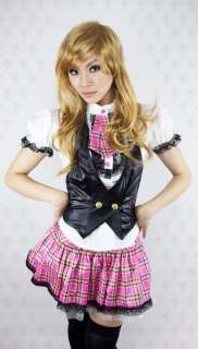 Japan Cosplay Sexy lace Pink plaid school Girl Costume  