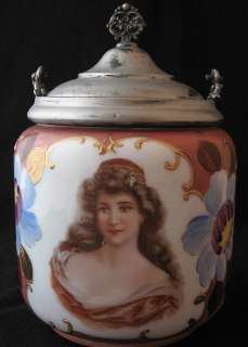 European woman portrait art glass biscuit jar  