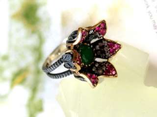 EXOTIC TURKISH FLOWER RING. STERLING SILVER WITH RIBIES EMERALD AND 