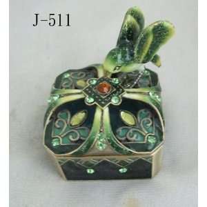  Emerald Green Enamel Jewelry Trinket Box W Green Bird and 