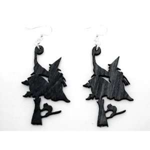  Black Satin Witch on Broom Wooden Earrings GTJ Jewelry