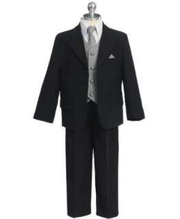  Boys Black Wedding Suit with Silver Vest 5 Pc Set (Size 1 