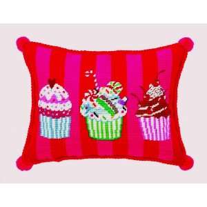 Glitterville Cupcake Throw Pillow, Red & Pink Wool Needlepoint, 12 X 